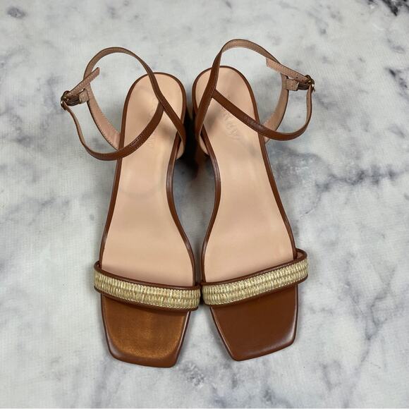 J. Crew Layne Cognac Brown Leather + Raffia Square Toe Block Heel Sandals - Picture 4 of 10